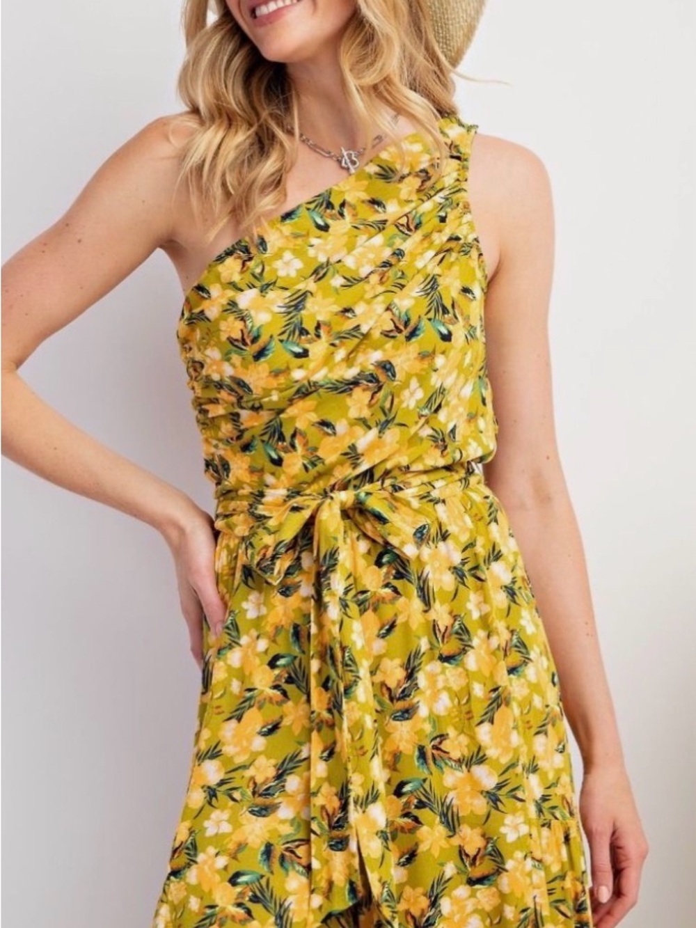 Easel Yellow Floral One-Shoulder Jumpsuit with Tie Waist - Picture 3 of 4